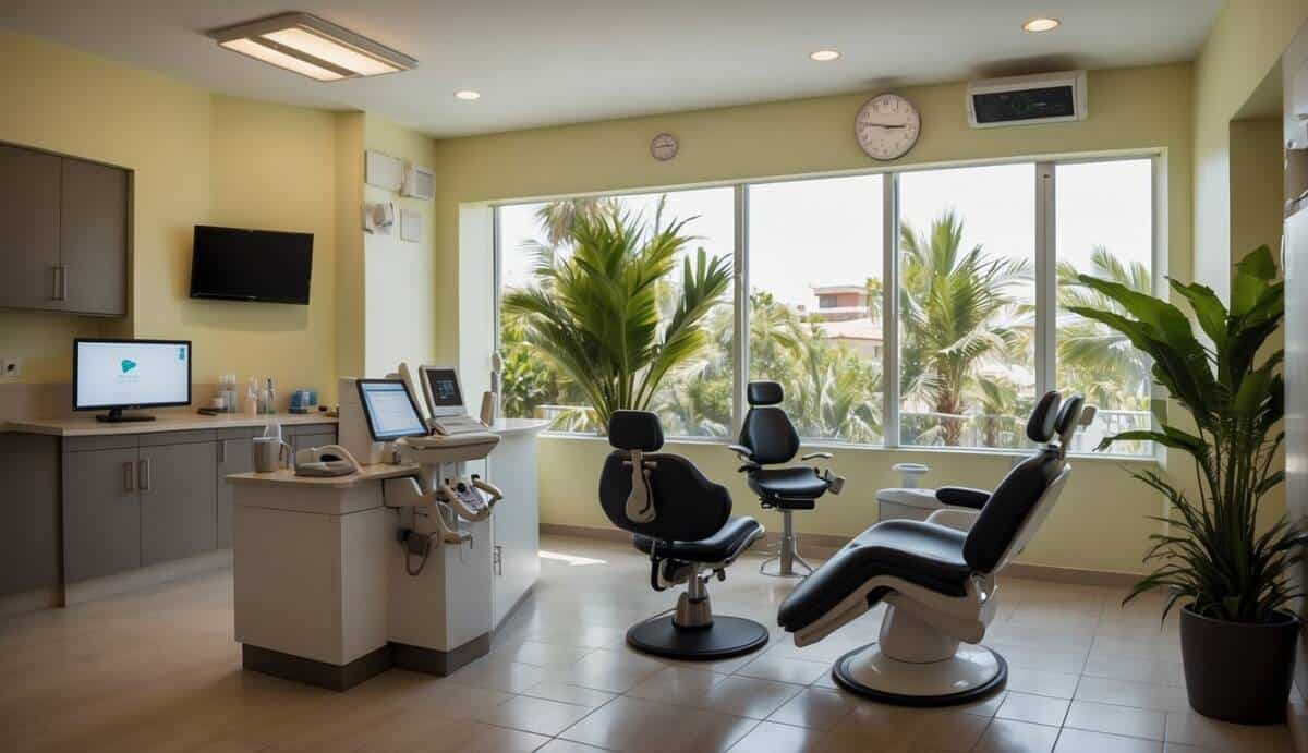 A dental office with modern equipment and a comfortable waiting area. A sign displays "Top 5 Dentists in Cartagena" with smiling, healthy teeth illustrations