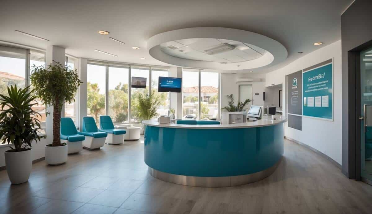 A modern dental office with bright, clean waiting area and professional staff. Signage displays "Top 5 Dentists in Alcalá de Guadaíra" for emphasis on quality care