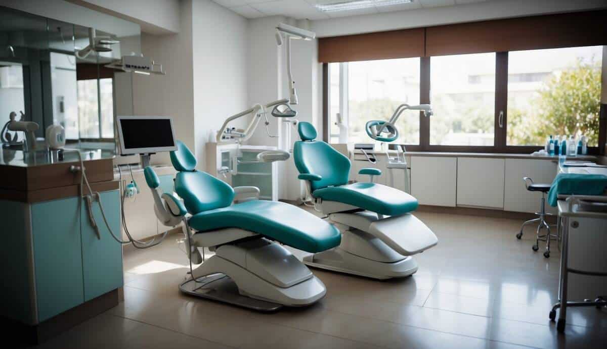 A dental office in Alcorcón with a sign displaying "Top 5 Dentists" and dental tools neatly arranged on a clean and organized counter