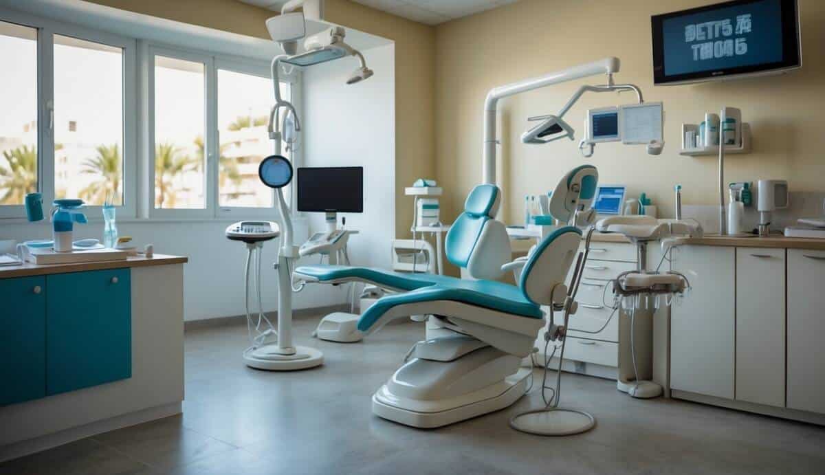 A dental office in Algeciras with modern equipment and a friendly atmosphere. A sign displays "Top 5 Dentists in Algeciras" highlighting the importance of good oral health