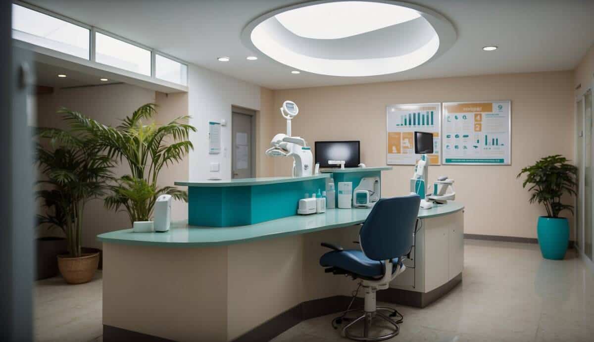 A dentist's office with clean, modern equipment and a friendly reception area. A sign displaying the top 5 dentists in Arrecife