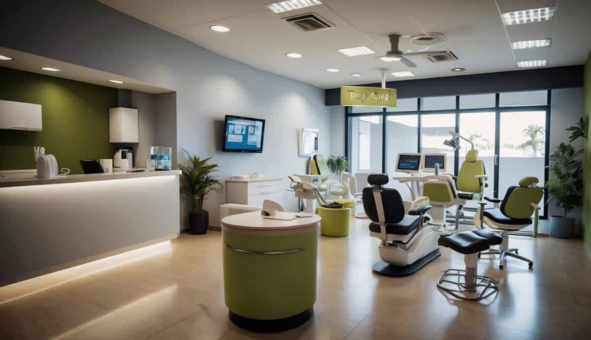 A dental office with modern equipment and a welcoming waiting area. A sign outside reads "Top 5 Dentists in Arrecife."