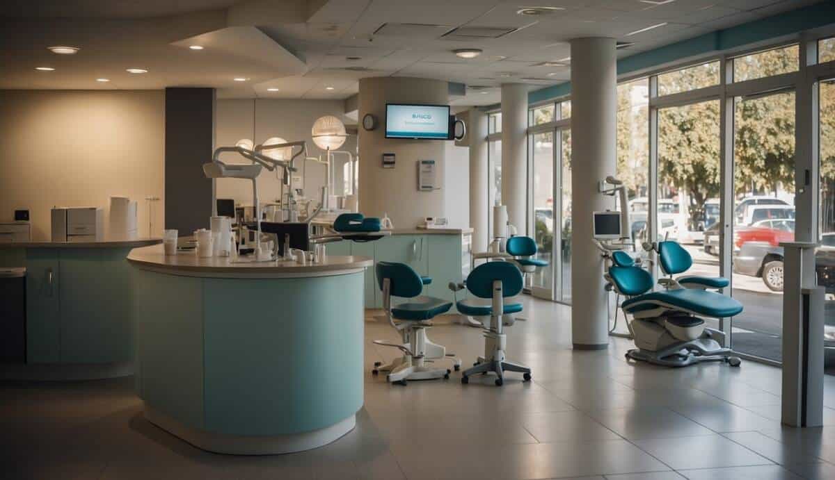 A bustling dental office in Avilés, with a sign highlighting the "5 mejores dentistas" and a stream of patients entering for appointments