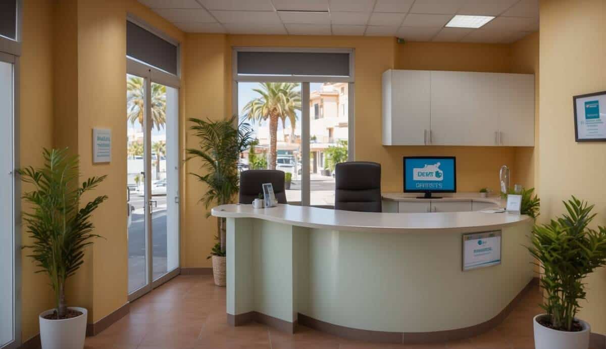 A dental office in Benalmádena with modern equipment and a friendly reception area. A sign displays the "Top 5 Dentists" in the city