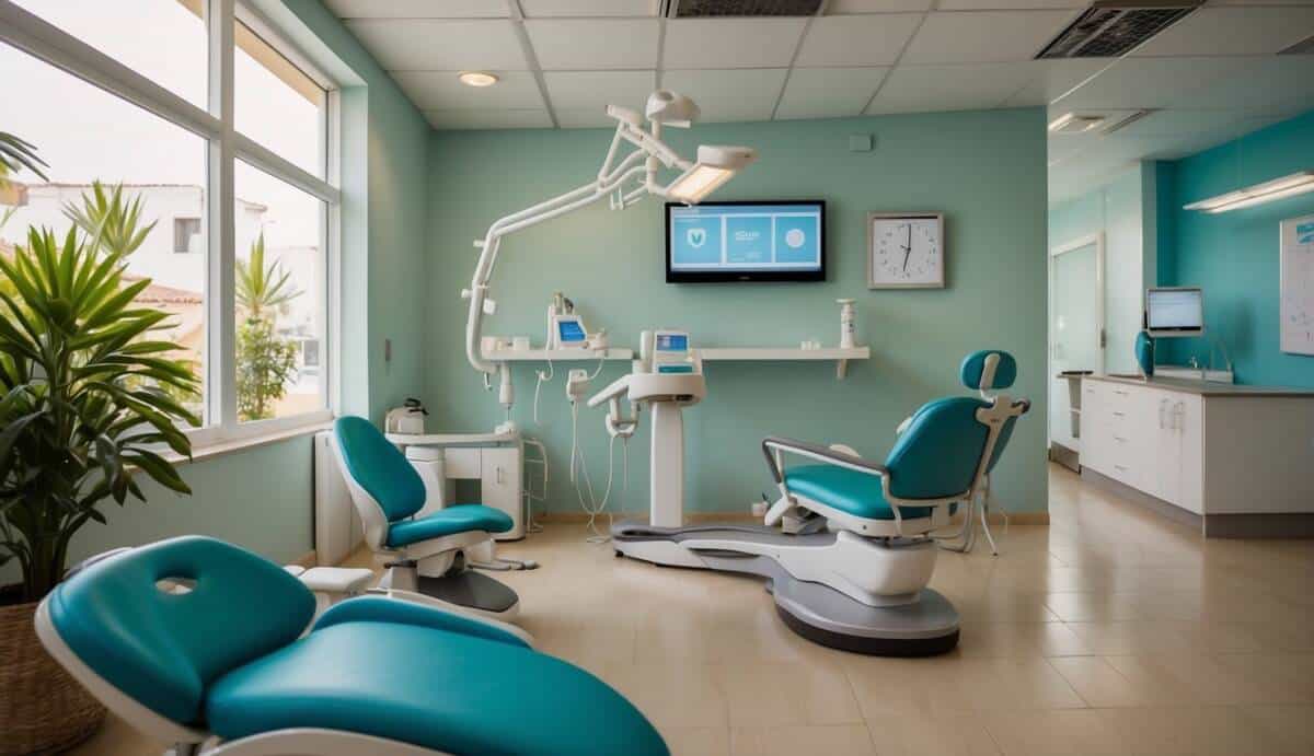 A dental office with modern equipment, friendly staff, and a comfortable waiting area. A sign outside lists the "Top 5 Dentists in Benalmádena."