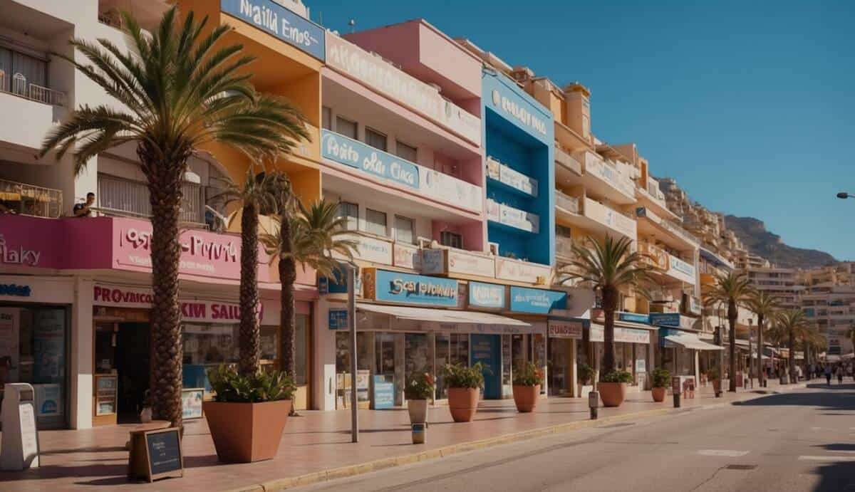 A bustling street in Benidorm, with five dental clinics standing out among the colorful buildings. A sign for each clinic displays their name and a list of services offered