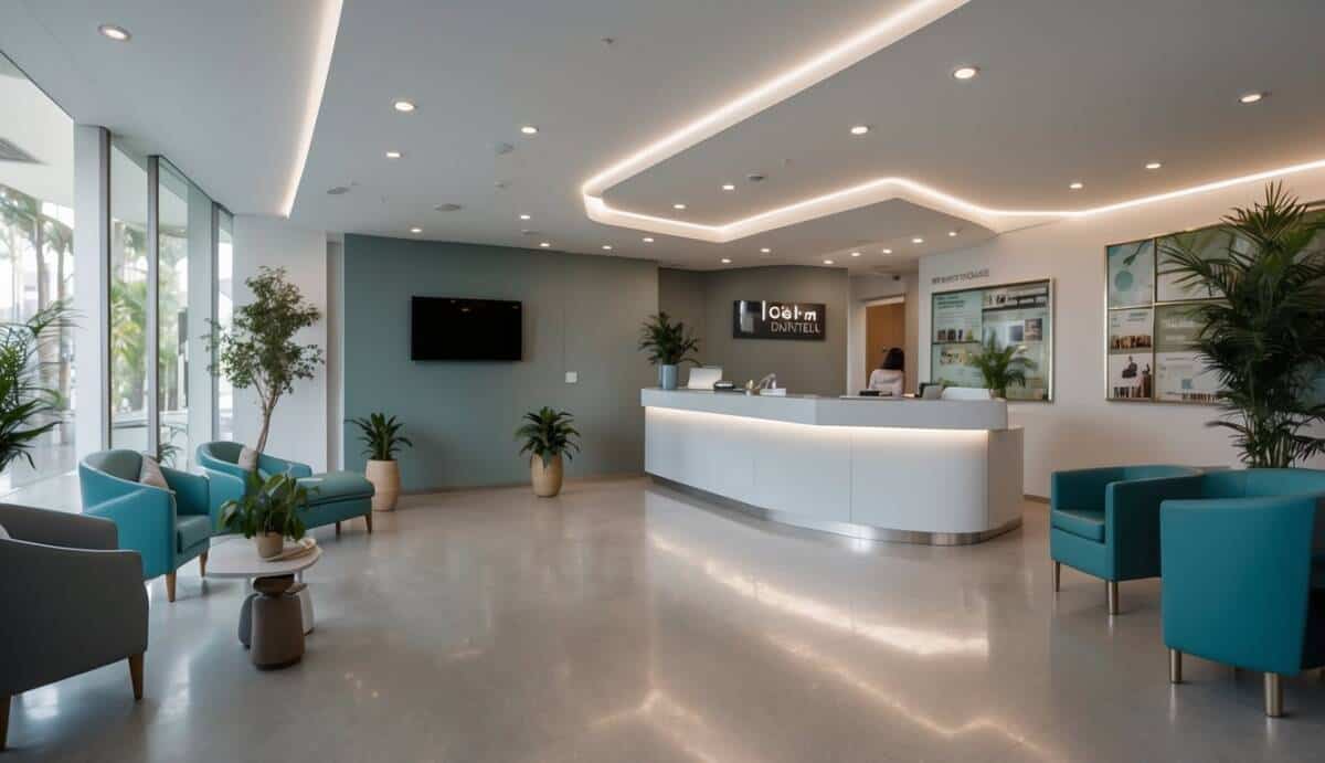 A bright, modern dental office in Córdoba with five prominent dentists' names displayed on a wall. A receptionist greets patients, and a comfortable waiting area is filled with magazines and soft lighting